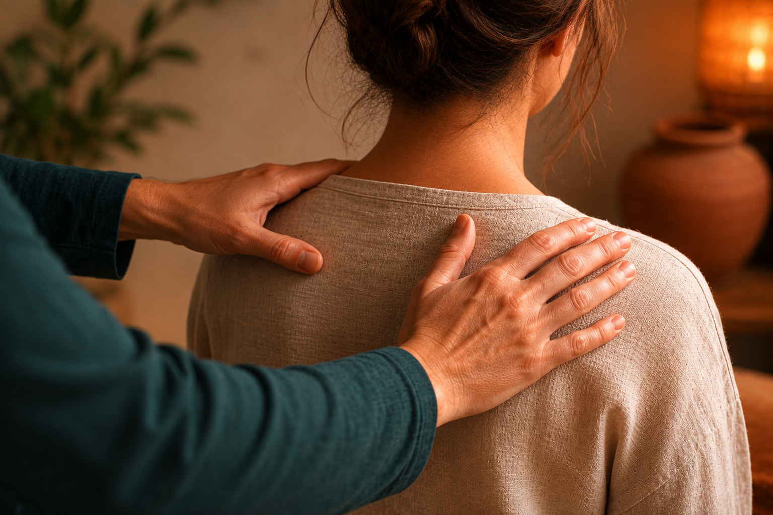 Mains posées avec soin sur les épaules d'une personne en séance de fasciathérapie